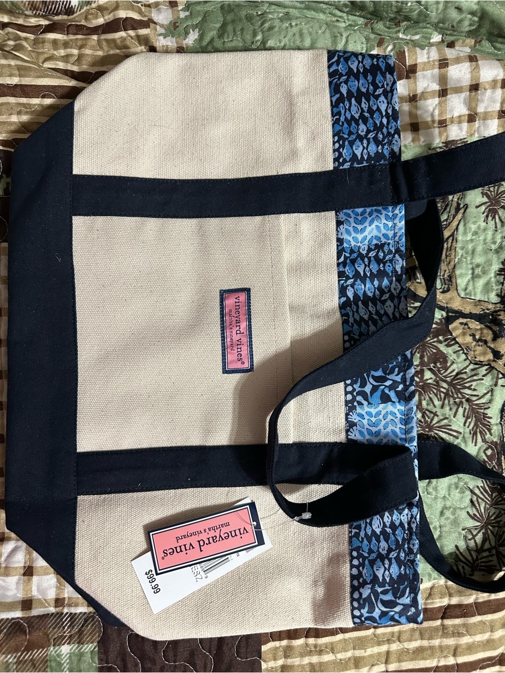 Vineyard Vines Cream Canvas Tote with Navy Trim and Blue Pattern